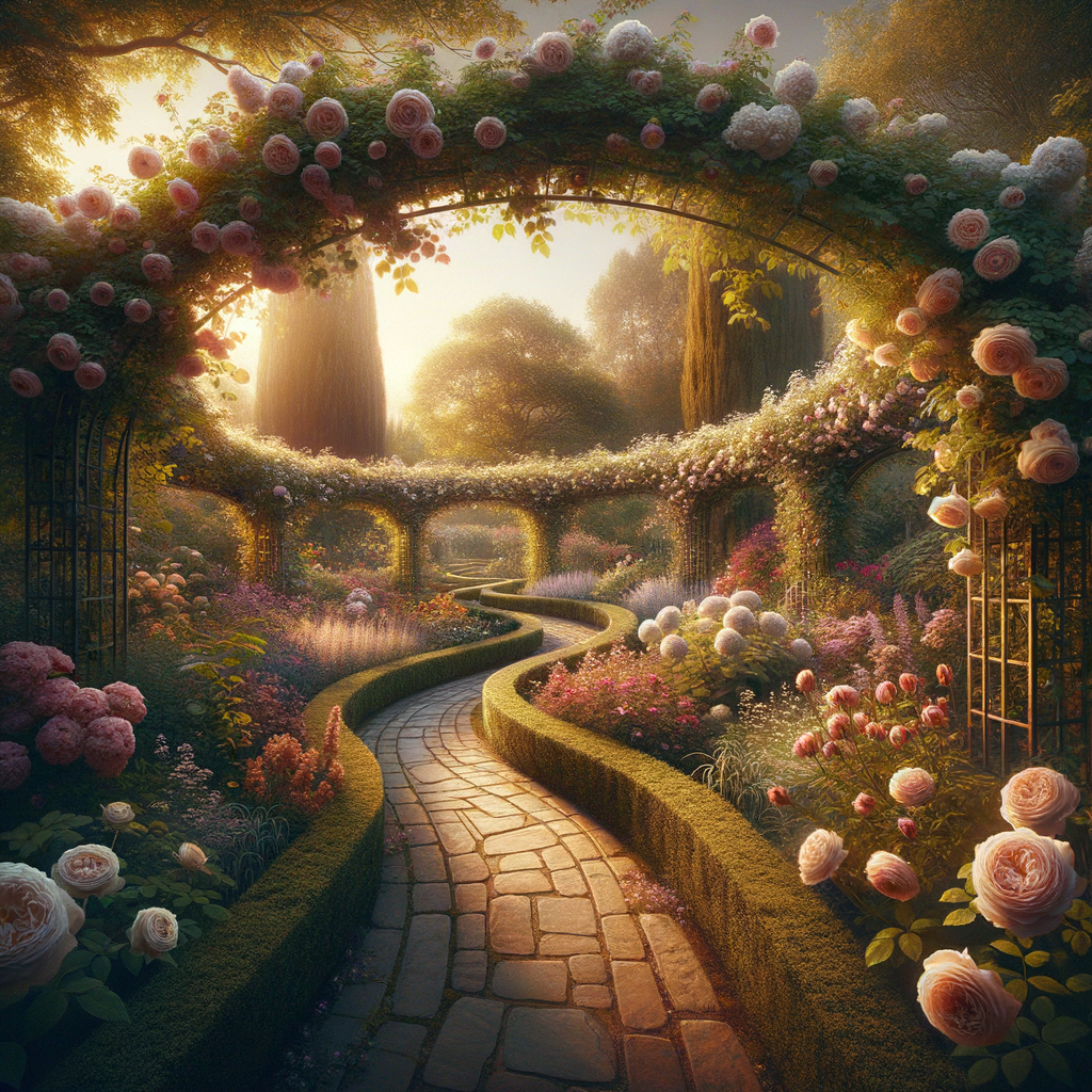 Garden path with climbing roses